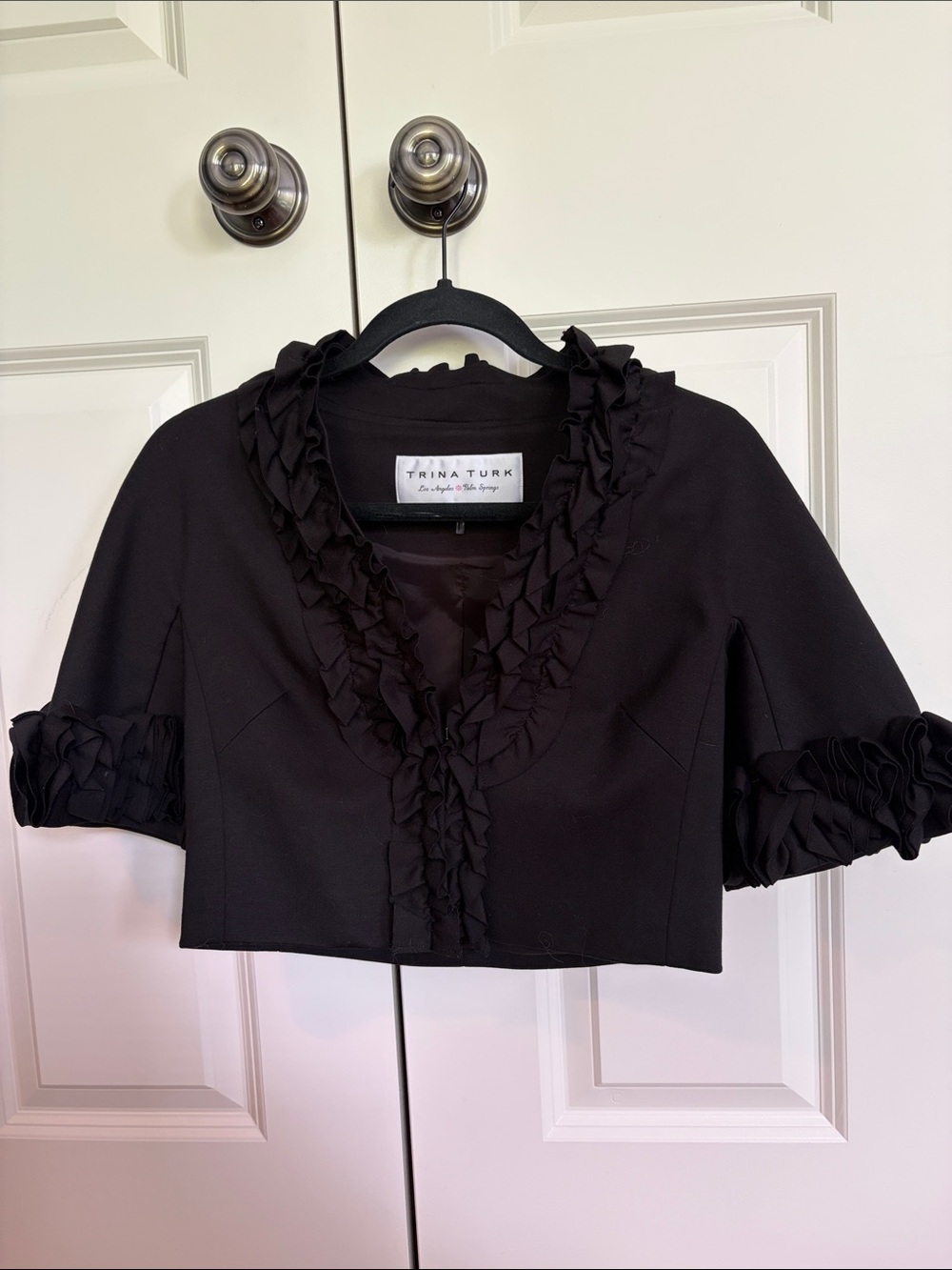 Trina Turk Black Ruffle-Trim Cropped Jacket